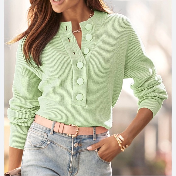 LASCANA Lime Green Pullover Sweater with button front detail - Picture 2 of 10